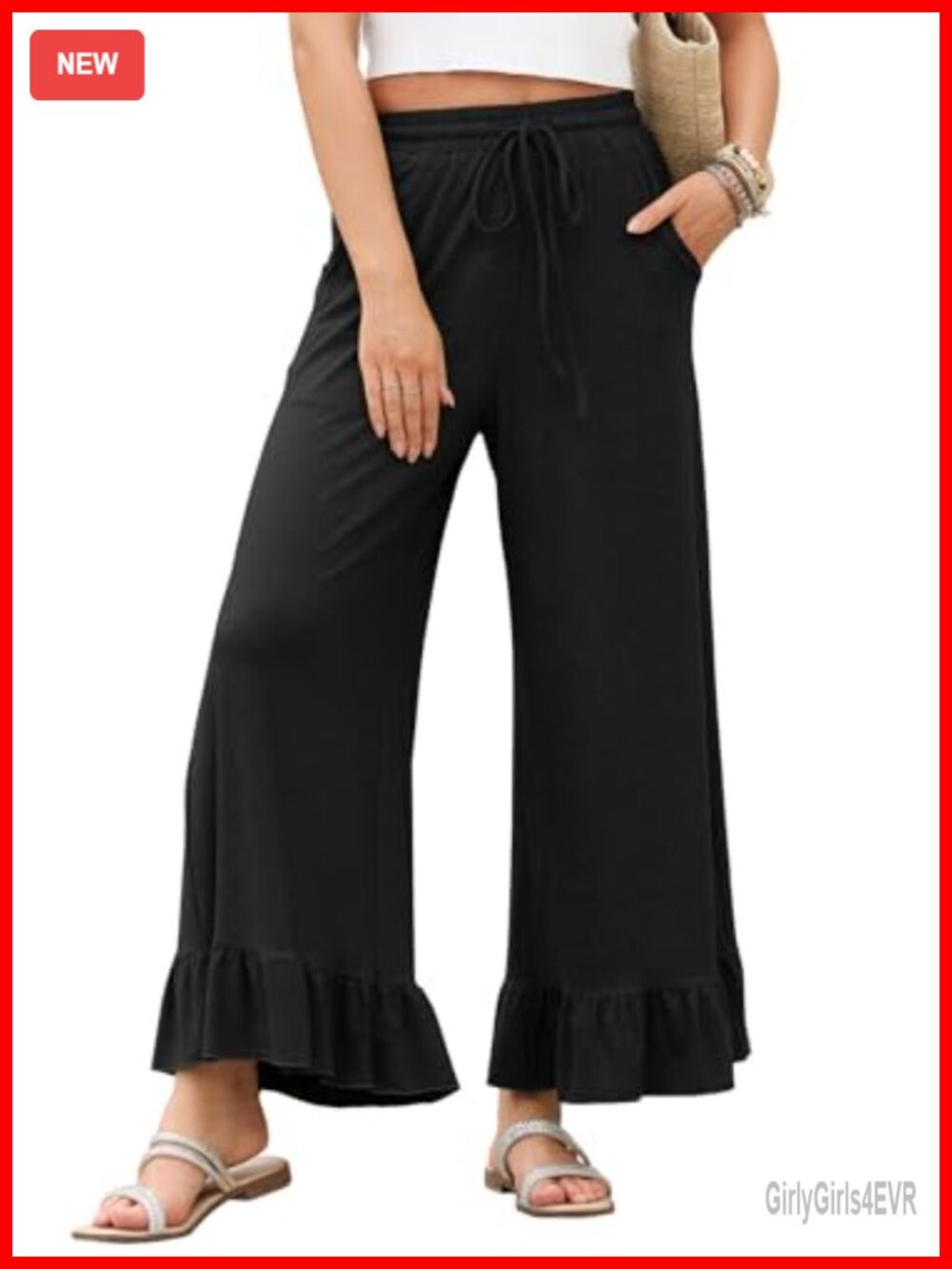 Wide Leg Ruffle Hem Palazzo Pants with Pockets